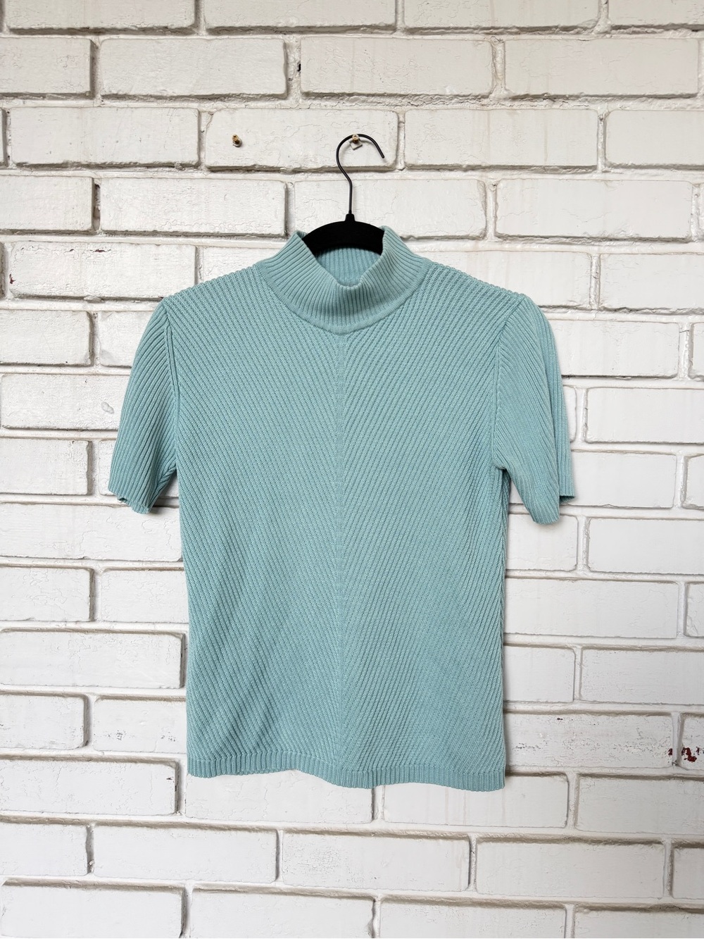 100% Silk 90s Ribbed Knit Top Light Blue | Stafford | Mock Neck | Size M